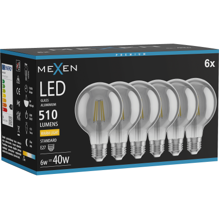 Mexen Vintis 6x Ampoule filament LED E27, G80, 6W, Chaude - 2700K, 510 lm, fumée - L155-E27-0627-70x06