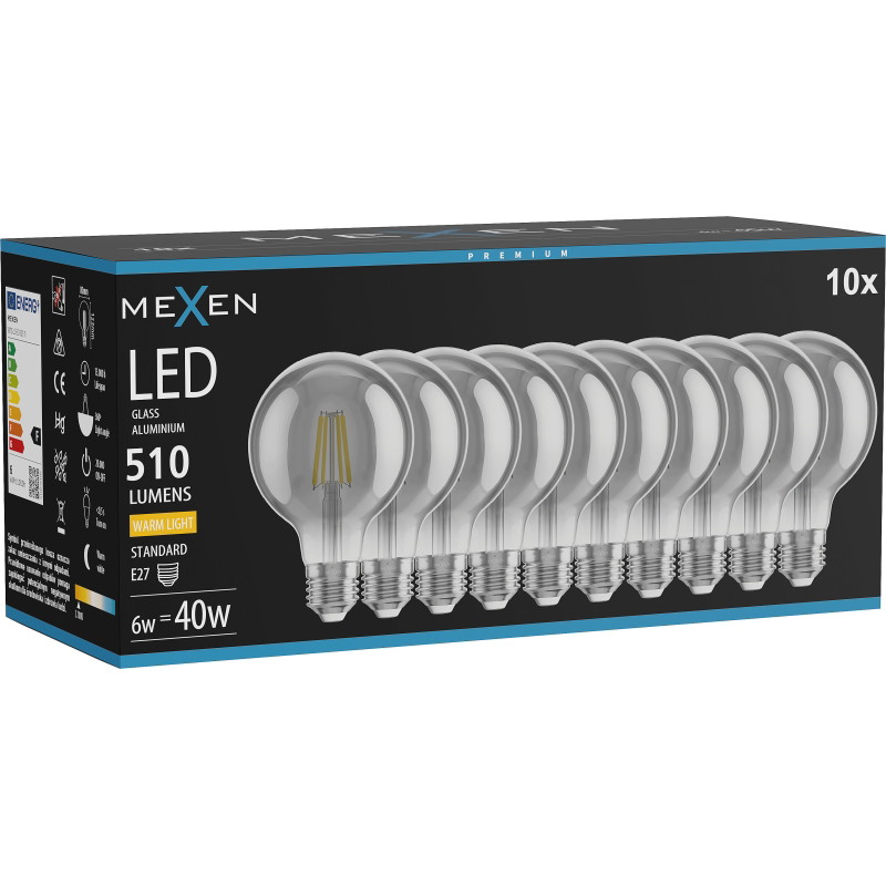 Mexen Vintis 10x Ampoule à filament LED E27, G80, 6W, Chaude - 2700K, 510 lm, fumée - L155-E27-0627-70x10