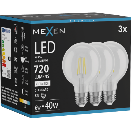 Mexen Vintis 3x Ampoule filament LED E27, G80, 6W, Neutre - 4000K, 720 lm, clair - L155-E27-0640-00x03