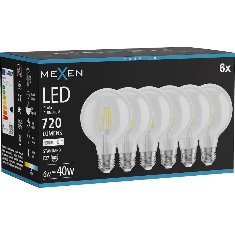 Mexen Vintis 6x Ampoule filament LED E27, G80, 6W, Neutre - 4000K, 720 lm, claire - L155-E27-0640-00x06