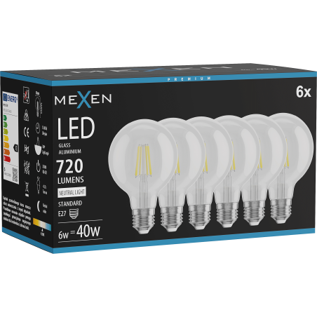 Mexen Vintis 6x Ampoule filament LED E27, G80, 6W, Neutre - 4000K, 720 lm, claire - L155-E27-0640-00x06