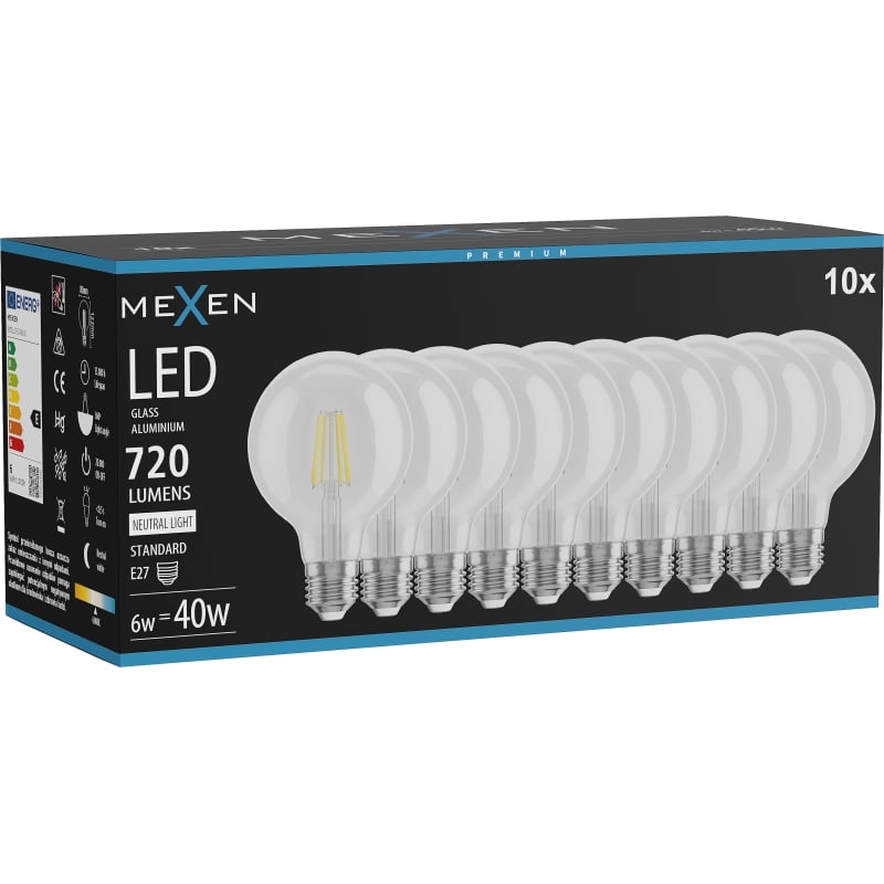 Mexen Vintis 10x Ampoule à filament LED E27, G80, 6W, Neutre - 4000K, 720 lm, clair - L155-E27-0640-00x10