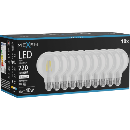 Mexen Vintis 10x Ampoule à filament LED E27, G80, 6W, Neutre - 4000K, 720 lm, clair - L155-E27-0640-00x10
