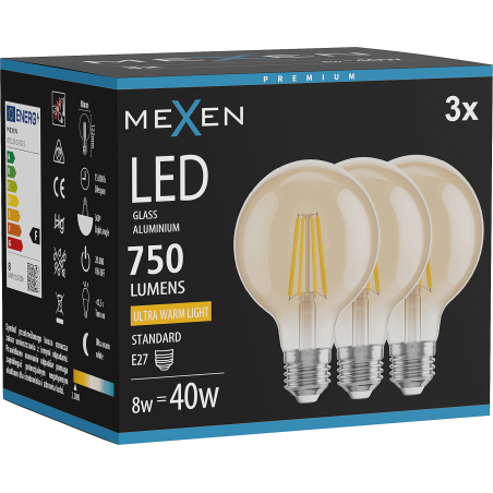 Mexen Vintis 3x Ampoule filament LED E27, G80, 8W, Chaude - 2200K, 750 lm, ambre - L155-E27-0822-50x03