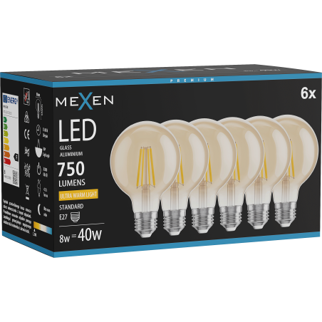 Mexen Vintis 6x Ampoule filament LED E27, G80, 8W, Chaude - 2200K, 750 lm, ambre - L155-E27-0822-50x06