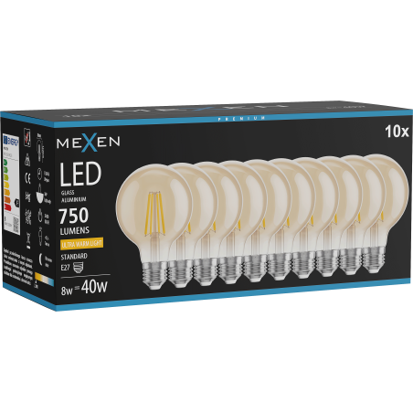 Mexen Vintis 10x Ampoule filament LED E27, G80, 8W, Chaude - 2200K, 750 lm, ambre - L155-E27-0822-50x10