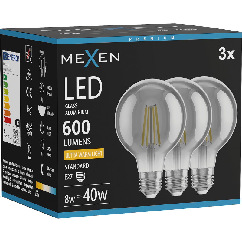 Mexen Vintis 3x Ampoule LED filament E27, G80, 8W, Chaude - 2200K, 600 lm, fumée - L155-E27-0822-70x03