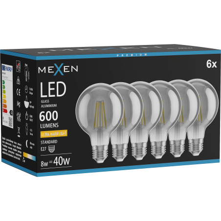Mexen Vintis 6x Ampoule filament LED E27, G80, 8W, Chaude - 2200K, 600 lm, fumée - L155-E27-0822-70x06