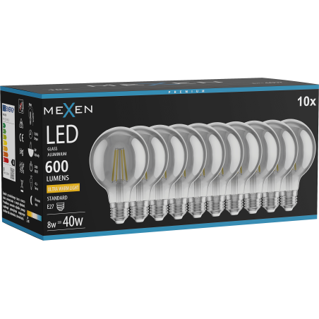Mexen Vintis 10x Ampoule filament LED E27, G80, 8W, Chaude - 2200K, 600 lm, fumée - L155-E27-0822-70x10