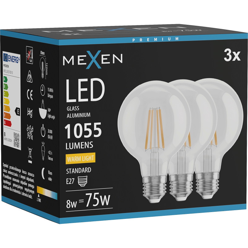 Mexen Vintis 3x Ampoule filament LED E27, G80, 8W, Chaud - 2700K, 1055 lm, claire - L155-E27-0827-00x03