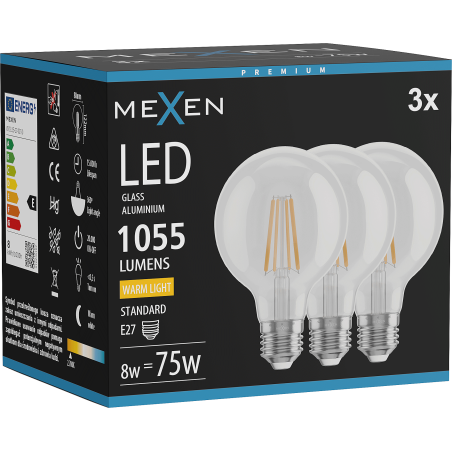 Mexen Vintis 3x Ampoule filament LED E27, G80, 8W, Chaud - 2700K, 1055 lm, claire - L155-E27-0827-00x03