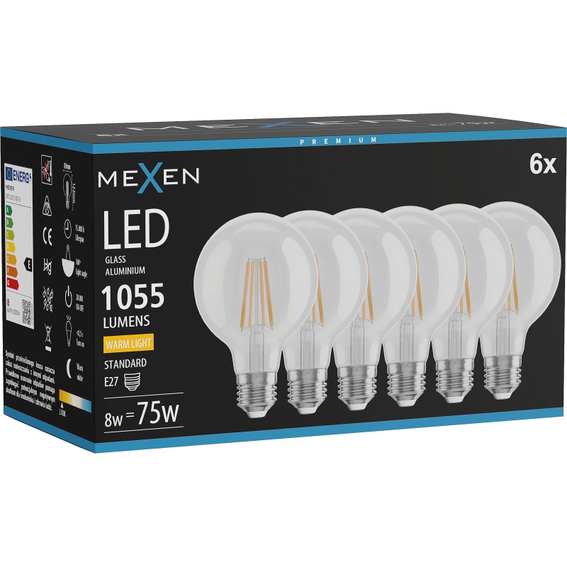 Mexen Vintis 6x Ampoule filament LED E27, G80, 8W, Chaude - 2700K, 1055 lm, clair - L155-E27-0827-00x06