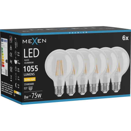 Mexen Vintis 6x Ampoule filament LED E27, G80, 8W, Chaude - 2700K, 1055 lm, clair - L155-E27-0827-00x06