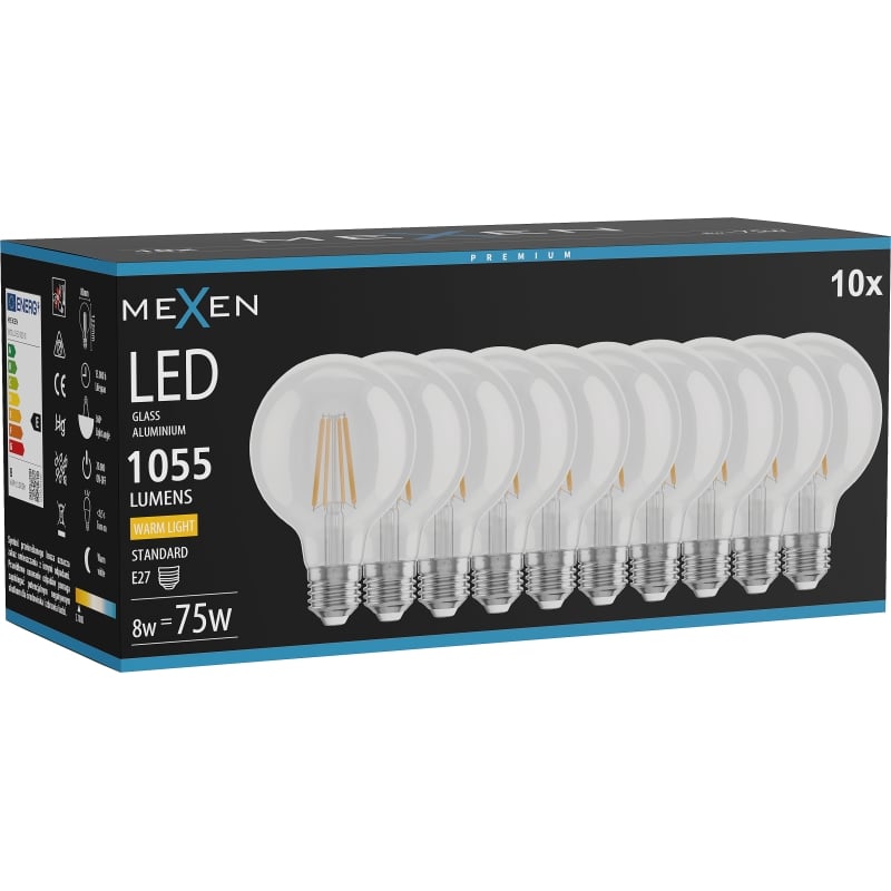Mexen Vintis 10x Ampoule filament LED E27, G80, 8W, Chaude - 2700K, 1055 lm, claire - L155-E27-0827-00x10