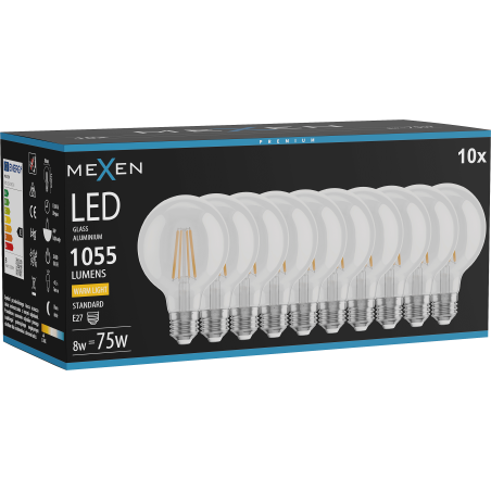 Mexen Vintis 10x Ampoule filament LED E27, G80, 8W, Chaude - 2700K, 1055 lm, claire - L155-E27-0827-00x10