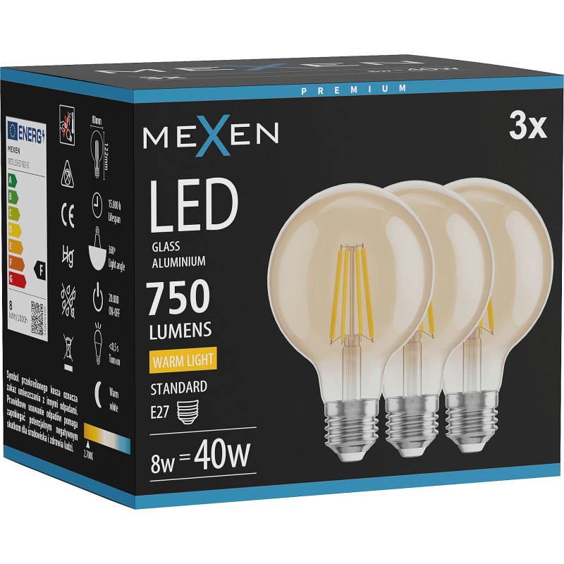 Mexen Vintis 3x Ampoule filament LED E27, G80, 8W, Chaude - 2700K, 750 lm, ambre - L155-E27-0827-50x03