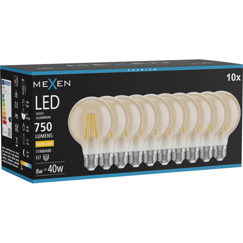 Mexen Vintis 10x Ampoule filament LED E27, G80, 8W, Chaude - 2700K, 750 lm, ambre - L155-E27-0827-50x10