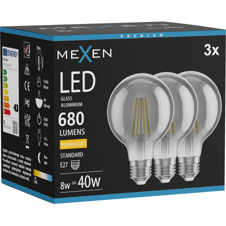 Mexen Vintis 3x Ampoule filament LED E27, G80, 8W, Chaude - 2700K, 680 lm, fumée - L155-E27-0827-70x03