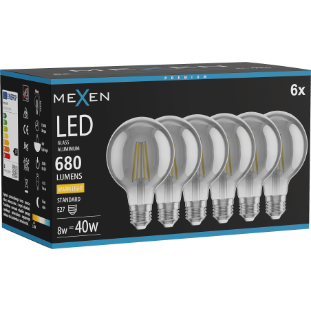 Mexen Vintis 6x Ampoule filament LED E27, G80, 8W, Chaleureuse - 2700K, 680 lm, fumée - L155-E27-0827-70x06