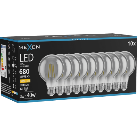Mexen Vintis 10x Ampoule filament LED E27, G80, 8W, Chaude - 2700K, 680 lm, fumée - L155-E27-0827-70x10