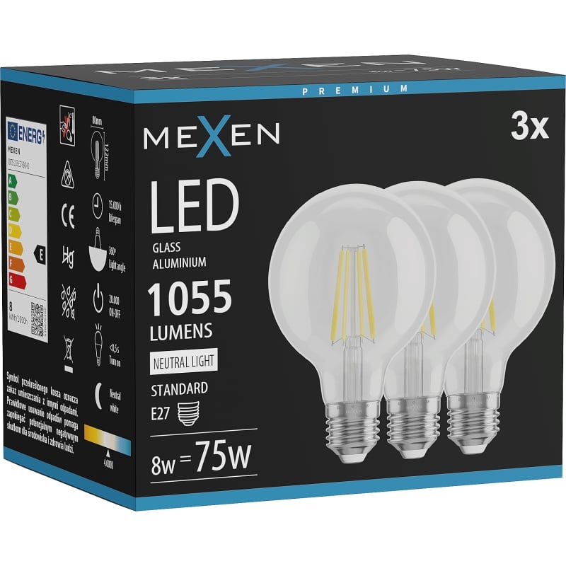 Mexen Vintis 3x Ampoule filament LED E27, G80, 8W, Neutre - 4000K, 1055 lm, clair - L155-E27-0840-00x03