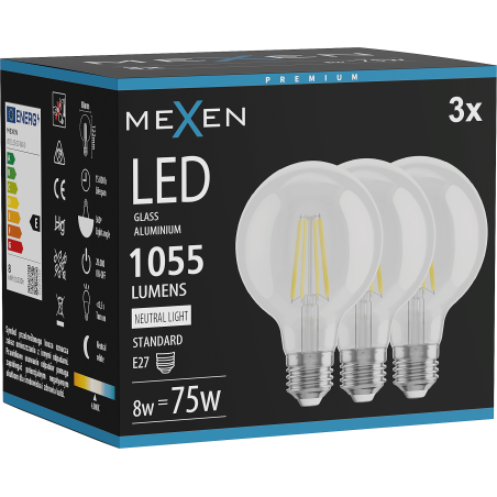 Mexen Vintis 3x Ampoule filament LED E27, G80, 8W, Neutre - 4000K, 1055 lm, clair - L155-E27-0840-00x03