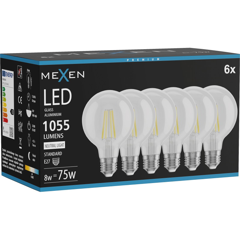 Mexen Vintis 6x Ampoule filament LED E27, G80, 8W, Neutre - 4000K, 1055 lm, transparent - L155-E27-0840-00x06