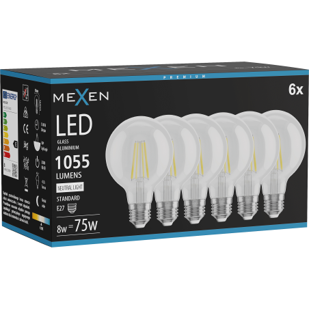 Mexen Vintis 6x Ampoule filament LED E27, G80, 8W, Neutre - 4000K, 1055 lm, transparent - L155-E27-0840-00x06