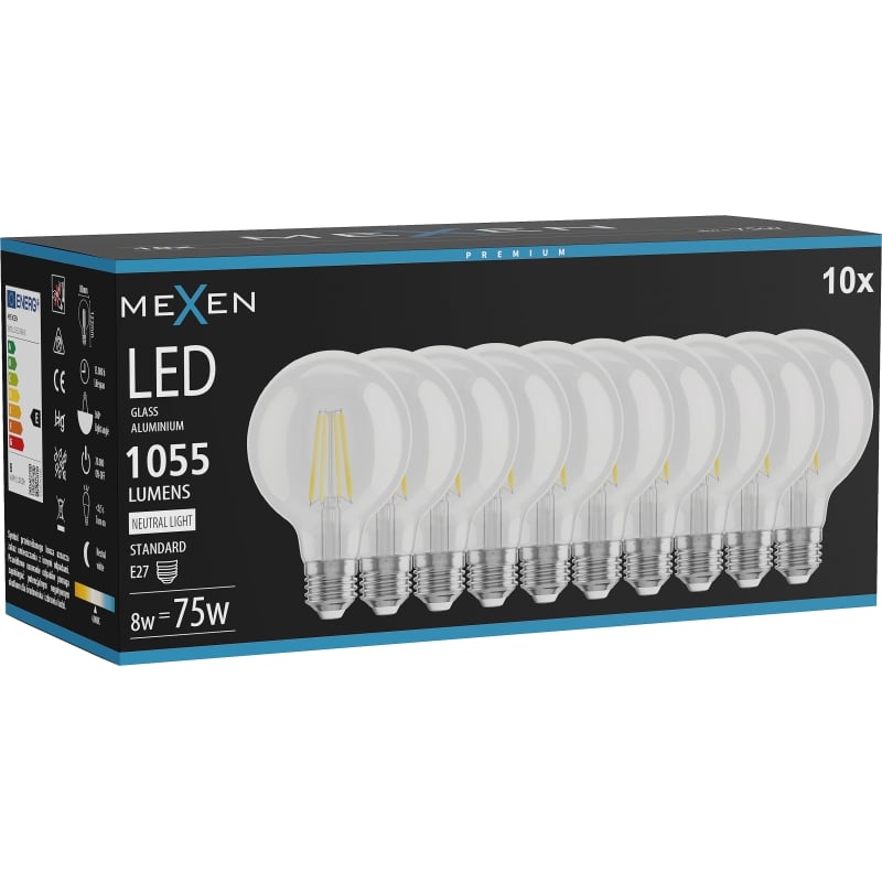 Mexen Vintis 10x Ampoule filament LED E27, G80, 8W, Neutre - 4000K, 1055 lm, clair - L155-E27-0840-00x10