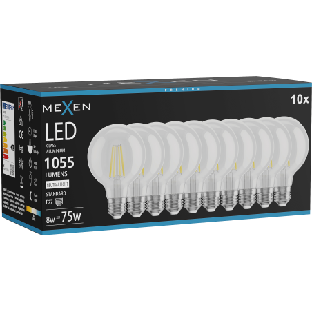 Mexen Vintis 10x Ampoule filament LED E27, G80, 8W, Neutre - 4000K, 1055 lm, clair - L155-E27-0840-00x10