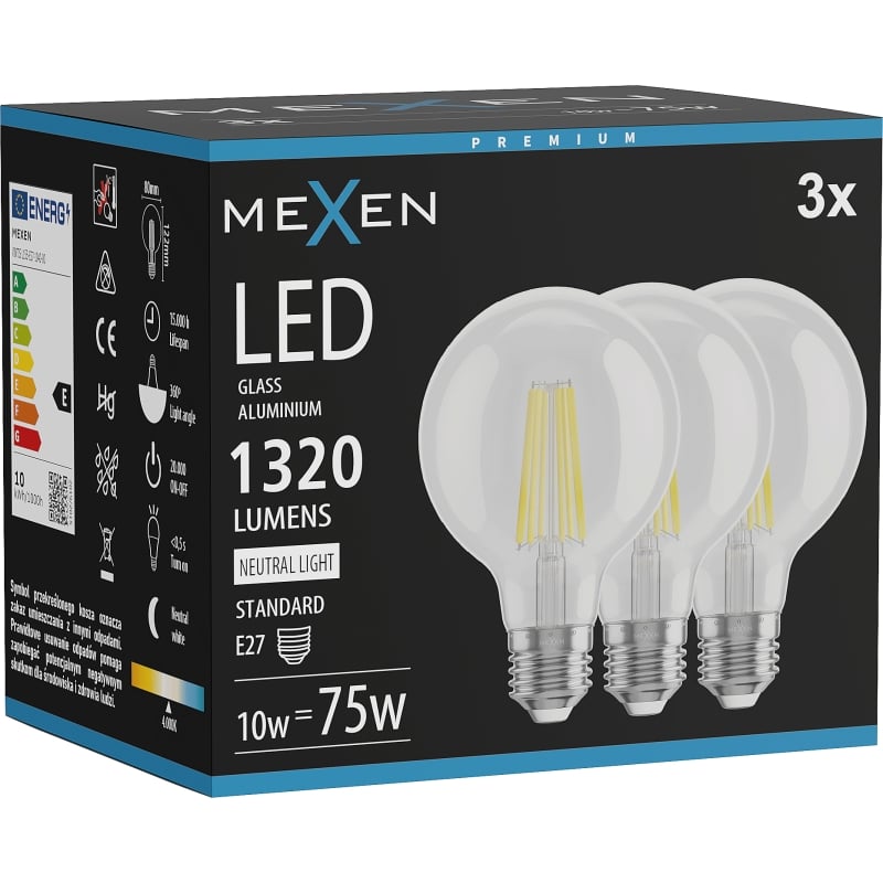 Mexen Vintis 3x Ampoule filament LED E27, G80, 10W, Neutre - 4000K, 1320 lm, clair - L155-E27-1040-00x03