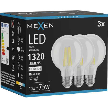 Mexen Vintis 3x Ampoule filament LED E27, G80, 10W, Neutre - 4000K, 1320 lm, clair - L155-E27-1040-00x03