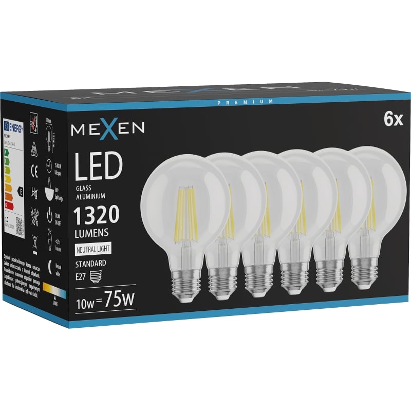 Mexen Vintis 6x Ampoule filament LED E27, G80, 10W, Neutre - 4000K, 1320 lm, clair - L155-E27-1040-00x06