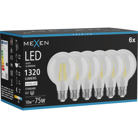 Mexen Vintis 6x Ampoule filament LED E27, G80, 10W, Neutre - 4000K, 1320 lm, clair - L155-E27-1040-00x06