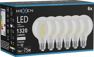Mexen Vintis 6x Ampoule filament LED E27, G80, 10W, Neutre - 4000K, 1320 lm, clair - L155-E27-1040-00x06