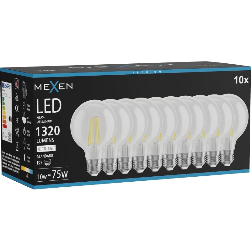 Mexen Vintis 10x Ampoule filament LED E27, G80, 10W, Neutre - 4000K, 1320 lm, claire - L155-E27-1040-00x10
