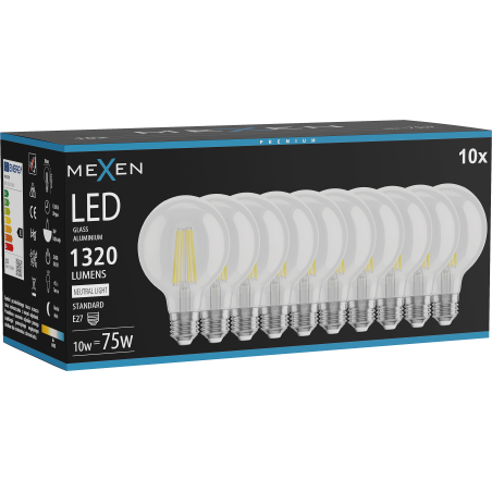 Mexen Vintis 10x Ampoule filament LED E27, G80, 10W, Neutre - 4000K, 1320 lm, claire - L155-E27-1040-00x10