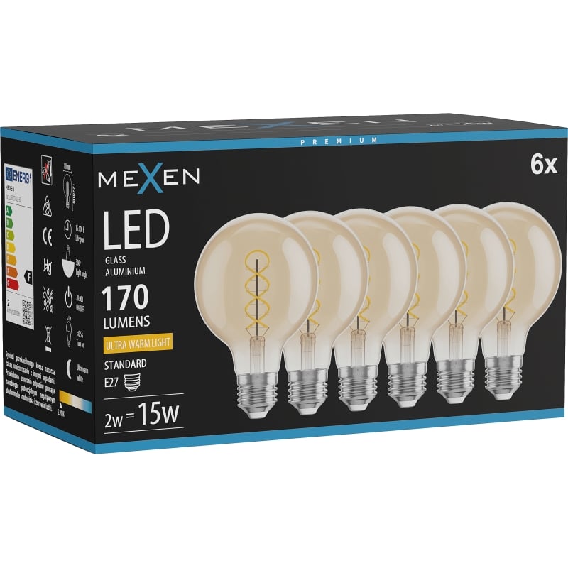 Mexen Vintis 6x Ampoule à filament spiralé LED E27, G80, 2W, Chaude - 2200K, 170 lm, ambre - L165-E27-0222-50x06