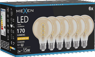 Mexen Vintis 6x Ampoule à filament spiralé LED E27, G80, 2W, Chaude - 2200K, 170 lm, ambre - L165-E27-0222-50x06