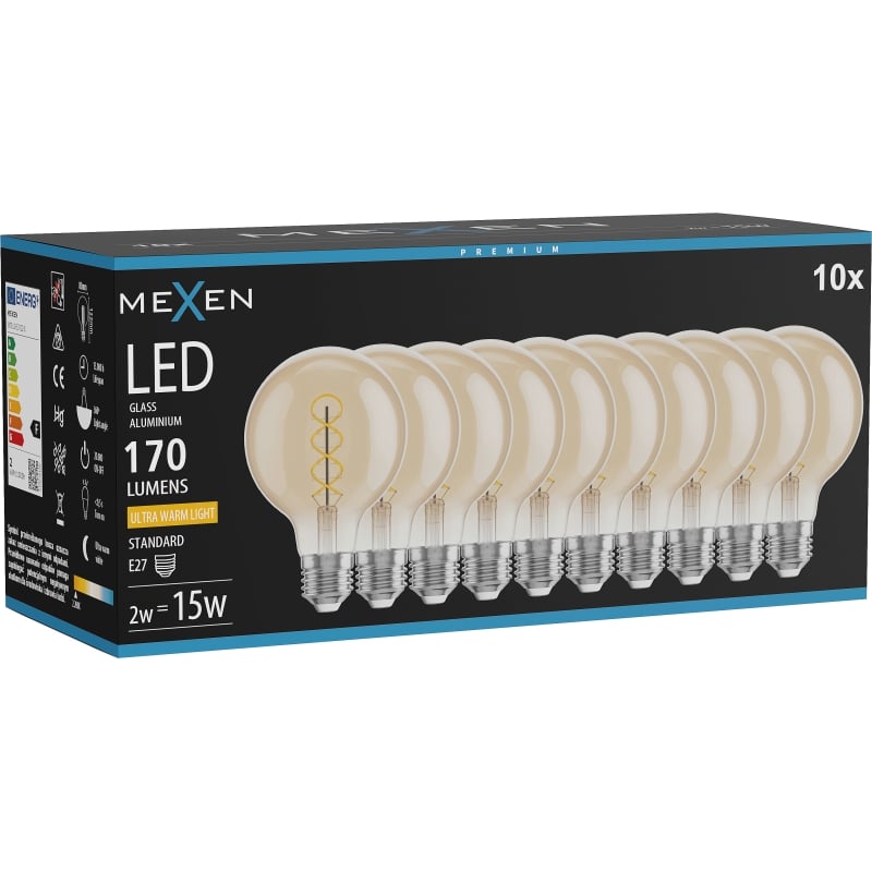 Mexen Vintis 10x Ampoule filament spirale LED E27, G80, 2W, Chaude - 2200K, 170 lm, ambre - L165-E27-0222-50x10