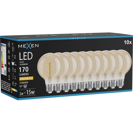 Mexen Vintis 10x Ampoule filament spirale LED E27, G80, 2W, Chaude - 2200K, 170 lm, ambre - L165-E27-0222-50x10