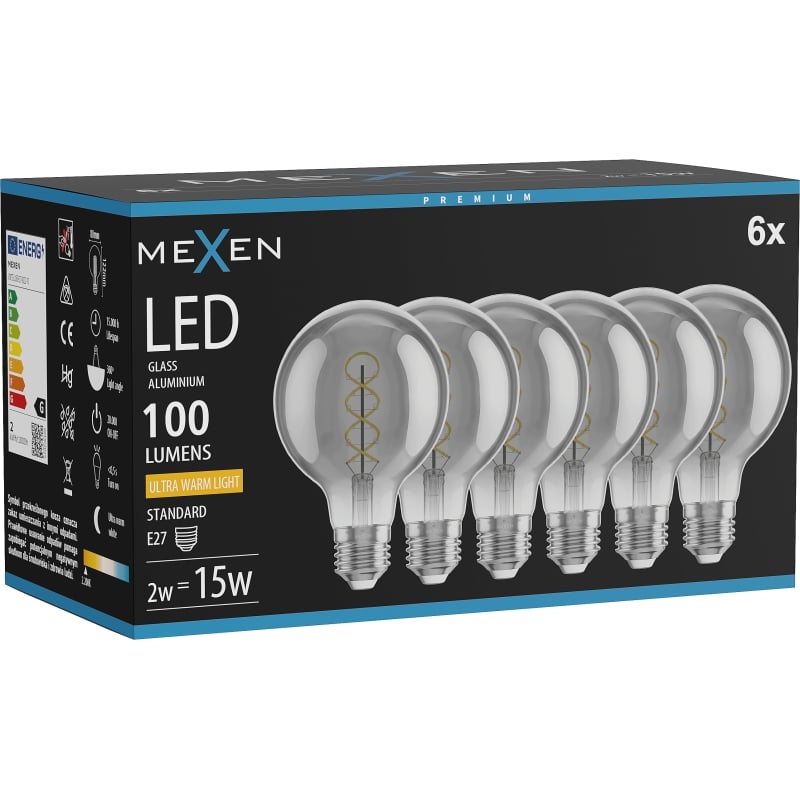 Mexen Vintis 6x Ampoule filament spirale LED E27, G80, 2W, Chaud - 2200K, 100 lm, fumée - L165-E27-0222-70x06