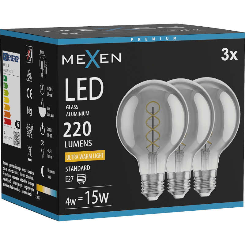 Mexen Vintis 3x ampoule filament spirale LED E27, G80, 4W, Chaude - 2200K, 220 lm, fumée - L165-E27-0422-70x03