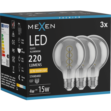 Mexen Vintis 3x ampoule filament spirale LED E27, G80, 4W, Chaude - 2200K, 220 lm, fumée - L165-E27-0422-70x03