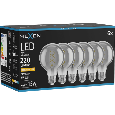 Mexen Vintis 6x Ampoule filament spirale LED E27, G80, 4W, Chaud - 2200K, 220 lm, fumée - L165-E27-0422-70x06