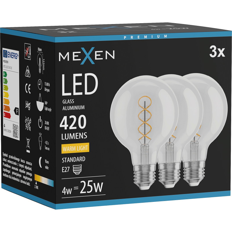 Mexen Vintis 3x Ampoule filament spirale LED E27, G80, 4W, Chaude - 2700K, 420 lm, claire - L165-E27-0427-00x03