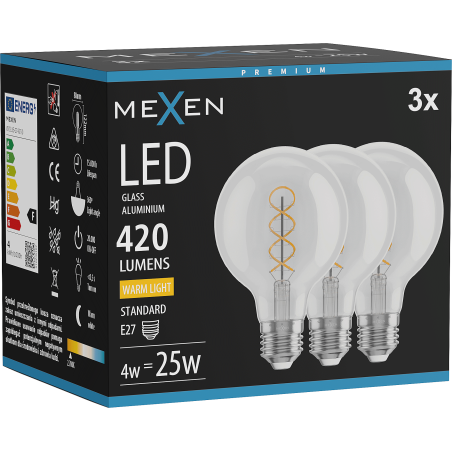 Mexen Vintis 3x Ampoule filament spirale LED E27, G80, 4W, Chaude - 2700K, 420 lm, claire - L165-E27-0427-00x03