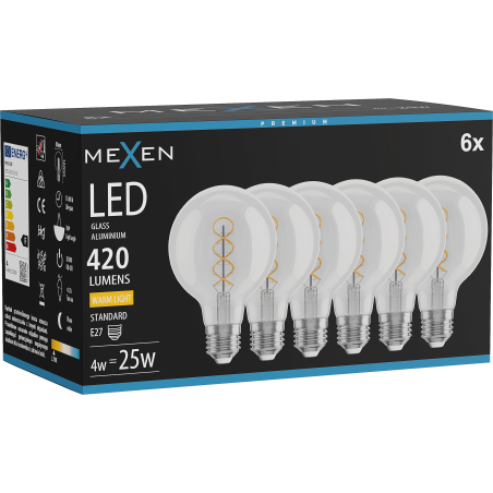 Mexen Vintis 6x Ampoule filament spirale LED E27, G80, 4W, Chaude - 2700K, 420 lm, claire - L165-E27-0427-00x06