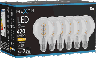 Mexen Vintis 6x Ampoule filament spirale LED E27, G80, 4W, Chaude - 2700K, 420 lm, claire - L165-E27-0427-00x06