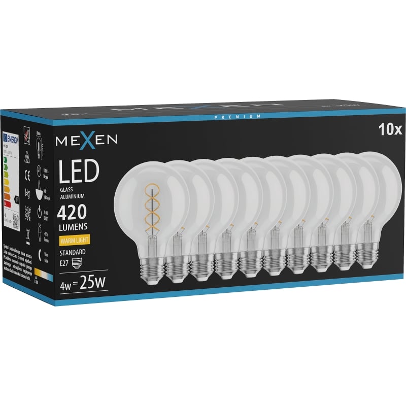 Mexen Vintis 10x Ampoule filament spirale LED E27, G80, 4W, Chaude - 2700K, 420 lm, claire - L165-E27-0427-00x10